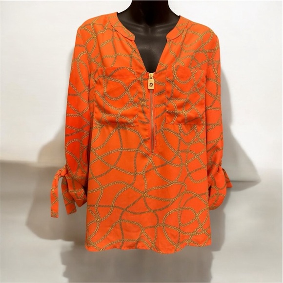 Michael Kors Tops - MICHAEL KORS ZINNIA Orange Gold Chain Print Blouse size M